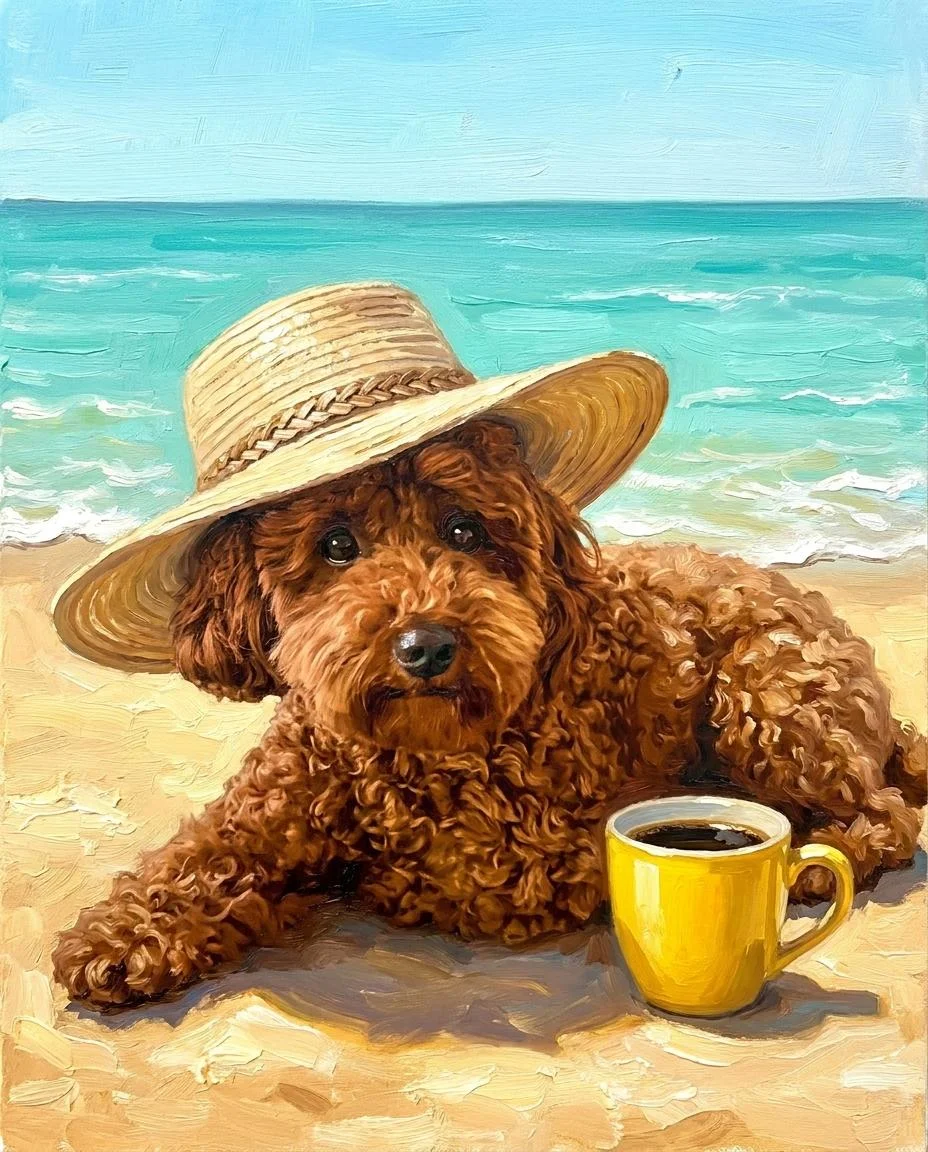 Pet portrait in Beach Cafe style with a poodle wearing a straw hat by the seaside — example of a face-swap pipeline output from a well-lit, eye-level source photo