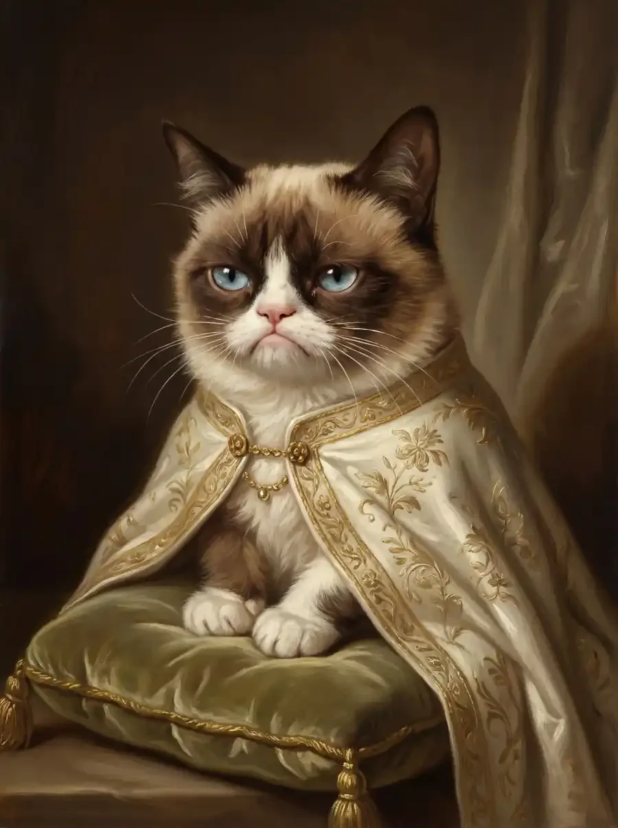 Tabby cat pet portrait in Highness style with ornate cream and gold robe