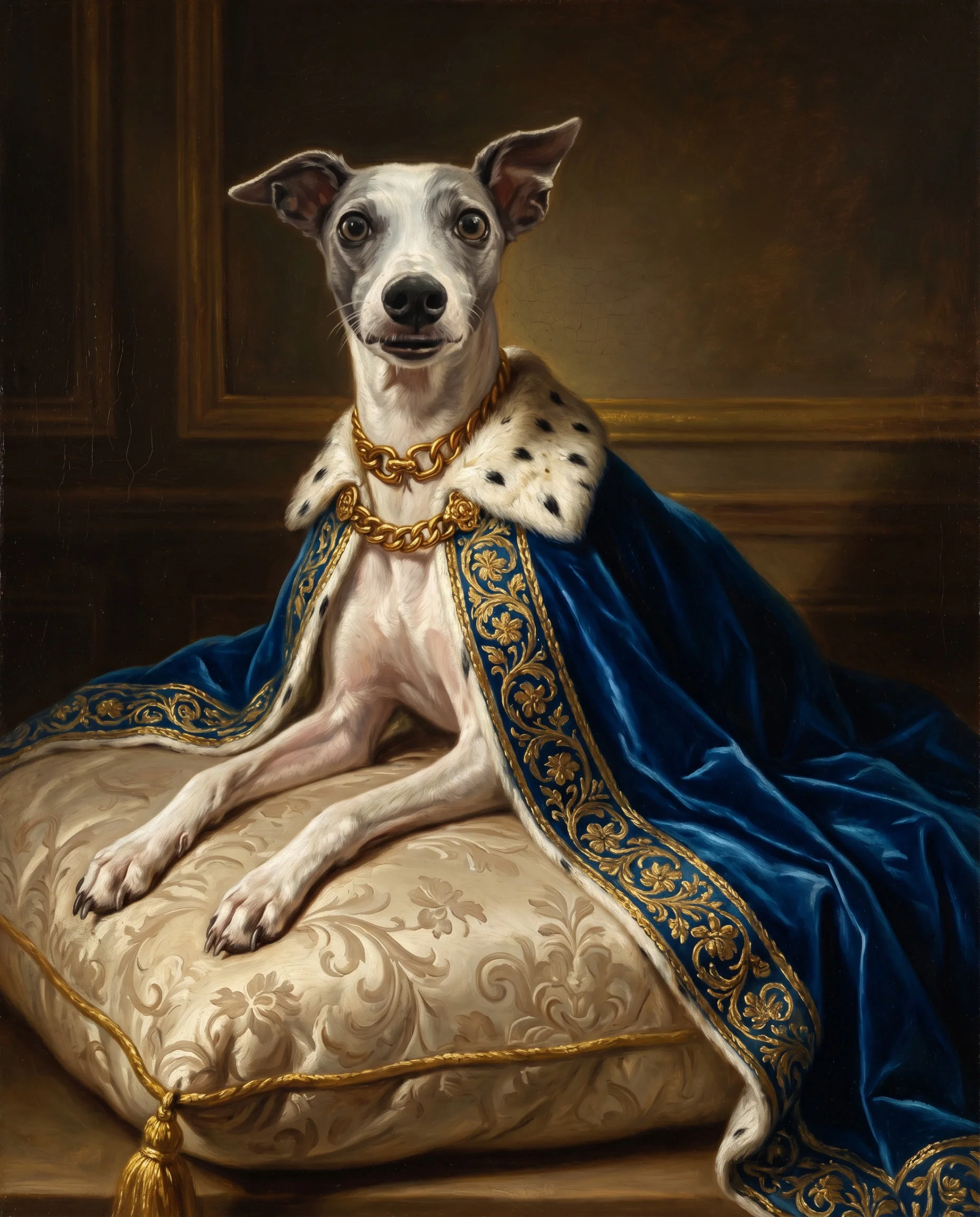 Whippet pet portrait in Royal Azure style with deep blue velvet cape