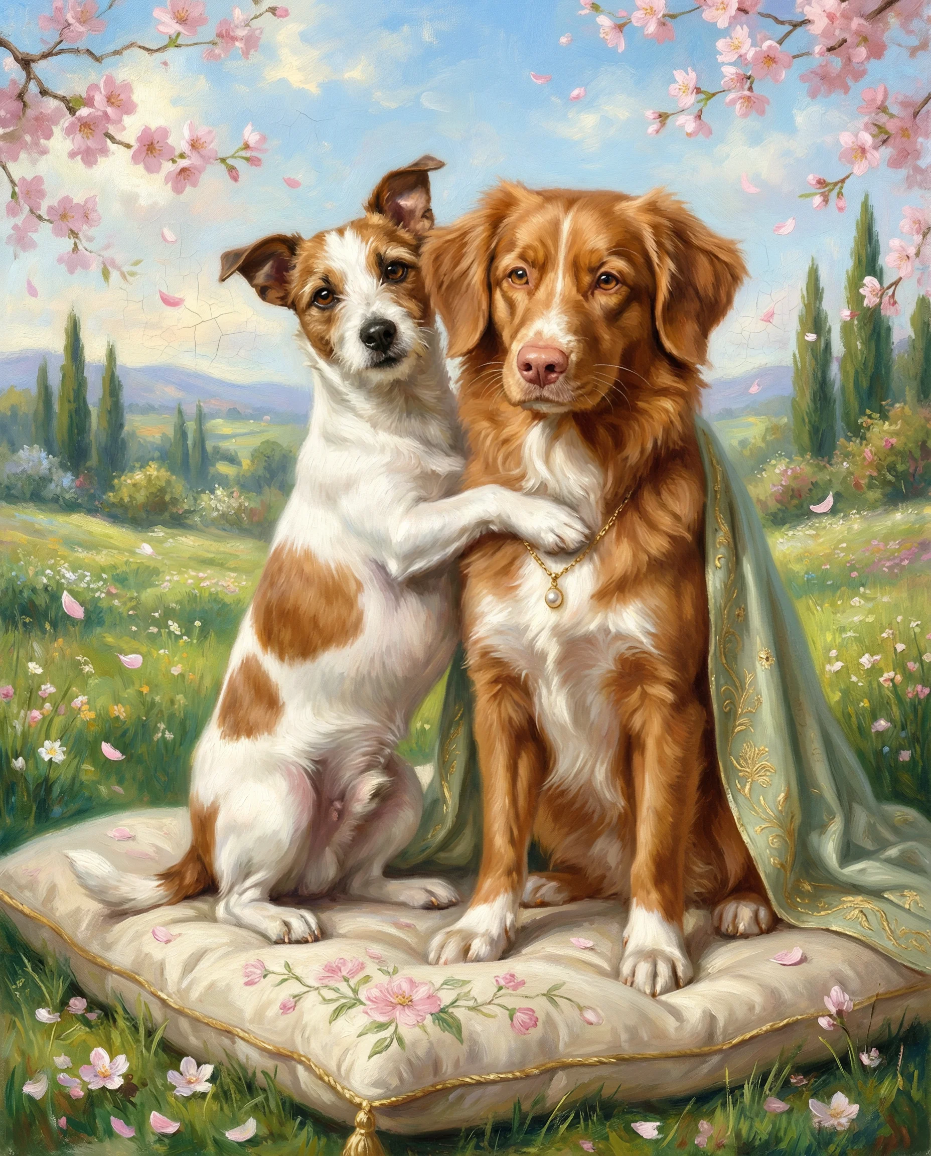 Two dogs pet portrait in Tuscany Blossom style with cherry blossoms and Italian countryside