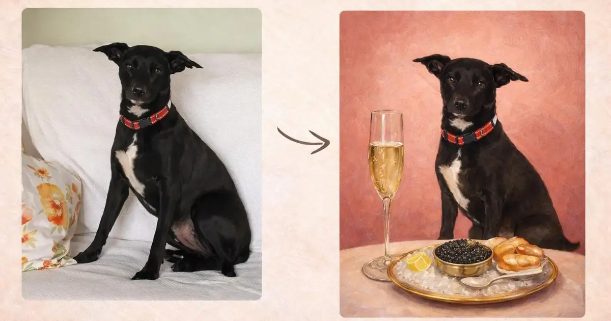 How AI pet portrait apps work: source photo of a black dog on the left, AI-generated portrait with the same dog enjoying champagne and caviar on the right — face-swap pipeline output
