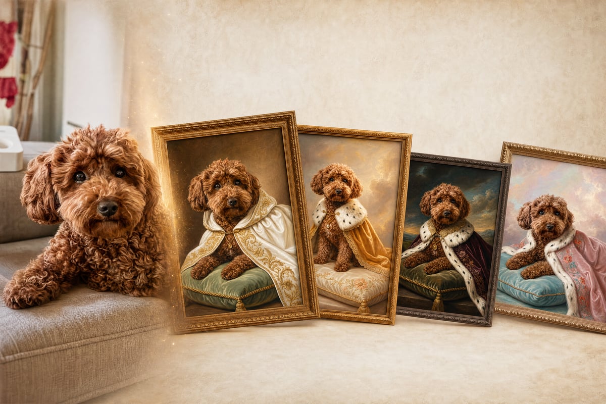 Four framed Renaissance pet portraits leaning against a sofa with a curly-haired dog beside them