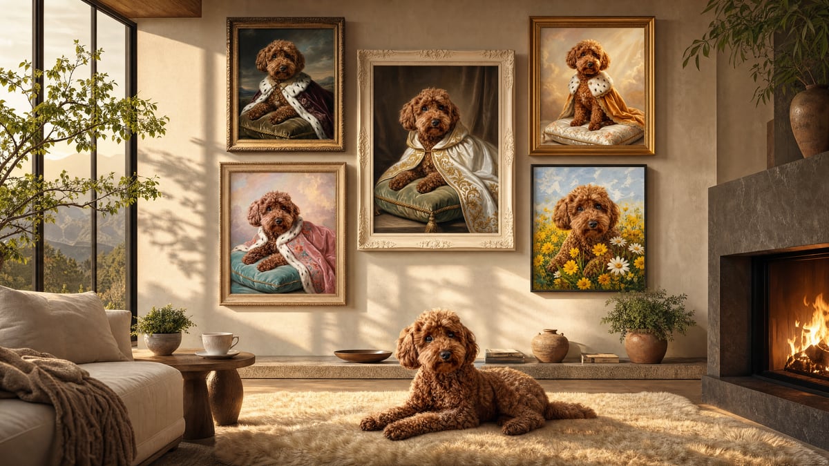 Five Old Master pet portraits arranged as a gallery wall above a sofa, evening light through tall windows