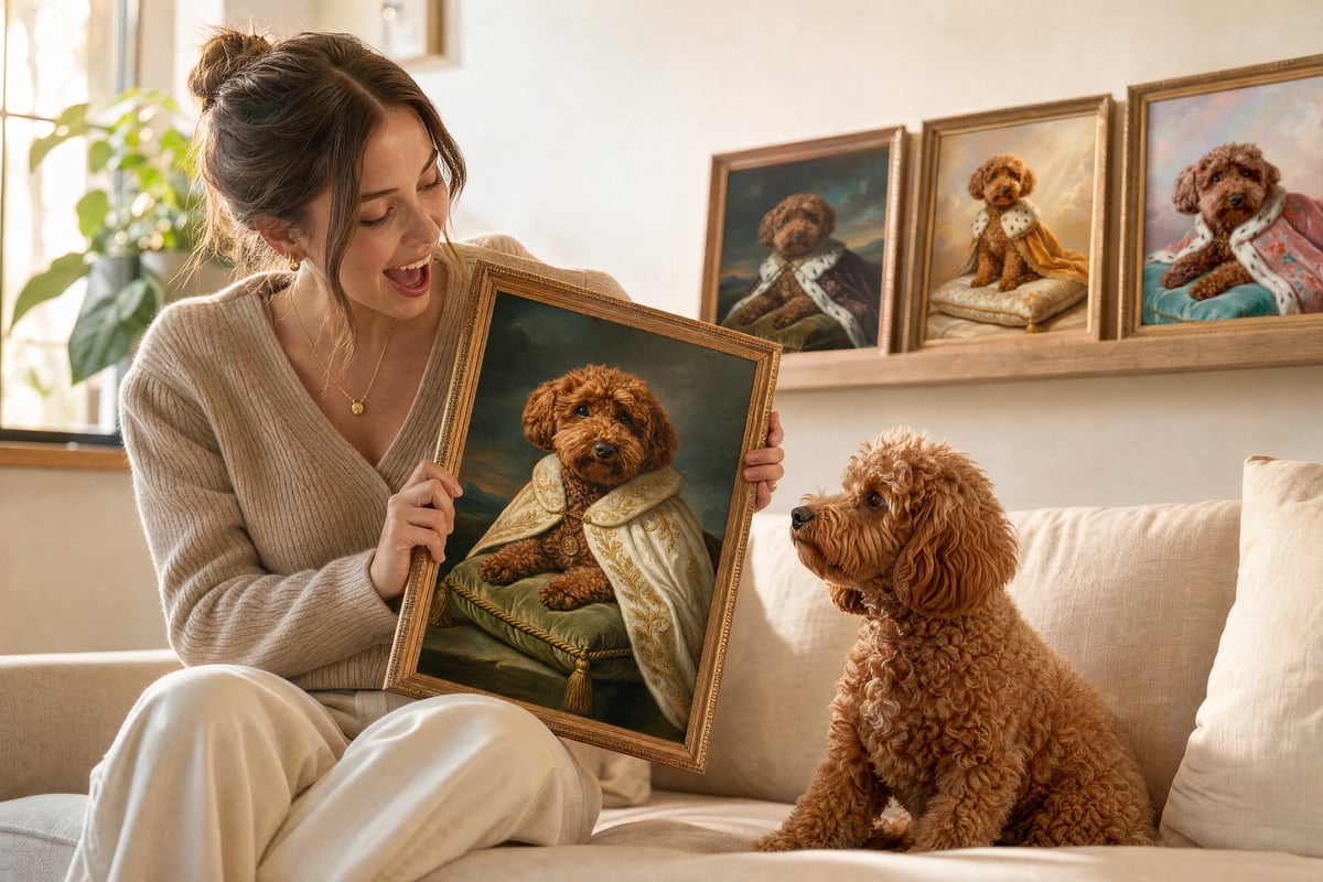 A dog mom holding up a framed Renaissance pet portrait, surprised, with her dog watching from the couch