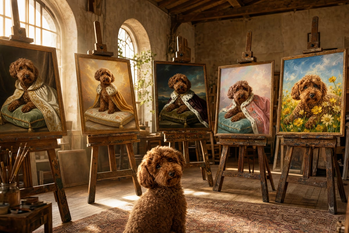 Five AI-generated pet portraits on easels in a sunlit atelier, the same dog posed in front for comparison
