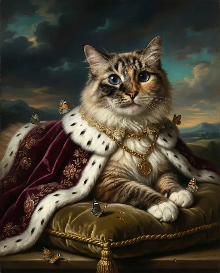 AI pet portrait styled as wall art in a home setting