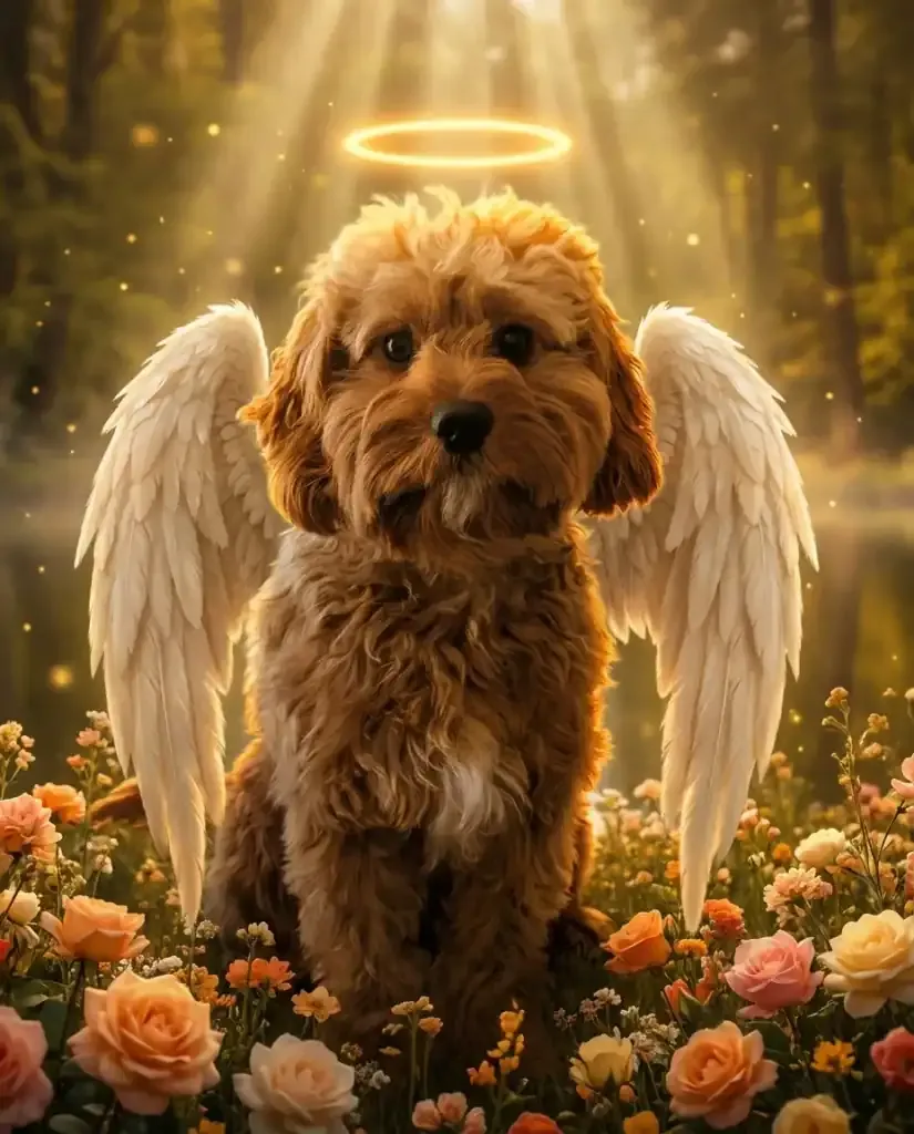 Heavenly Paradise pet memorial portrait — dog with angel wings, golden halo, lush garden backdrop