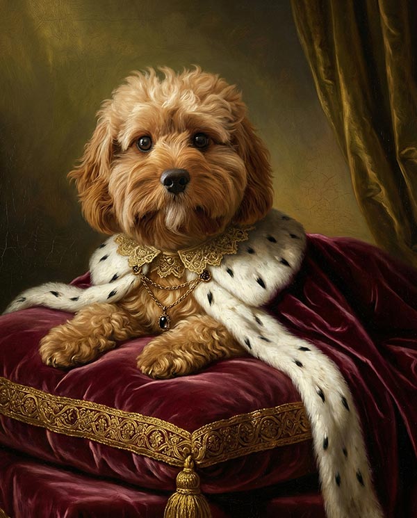 Custom pet portrait in Royal Velvet renaissance style showing a dog in royal attire